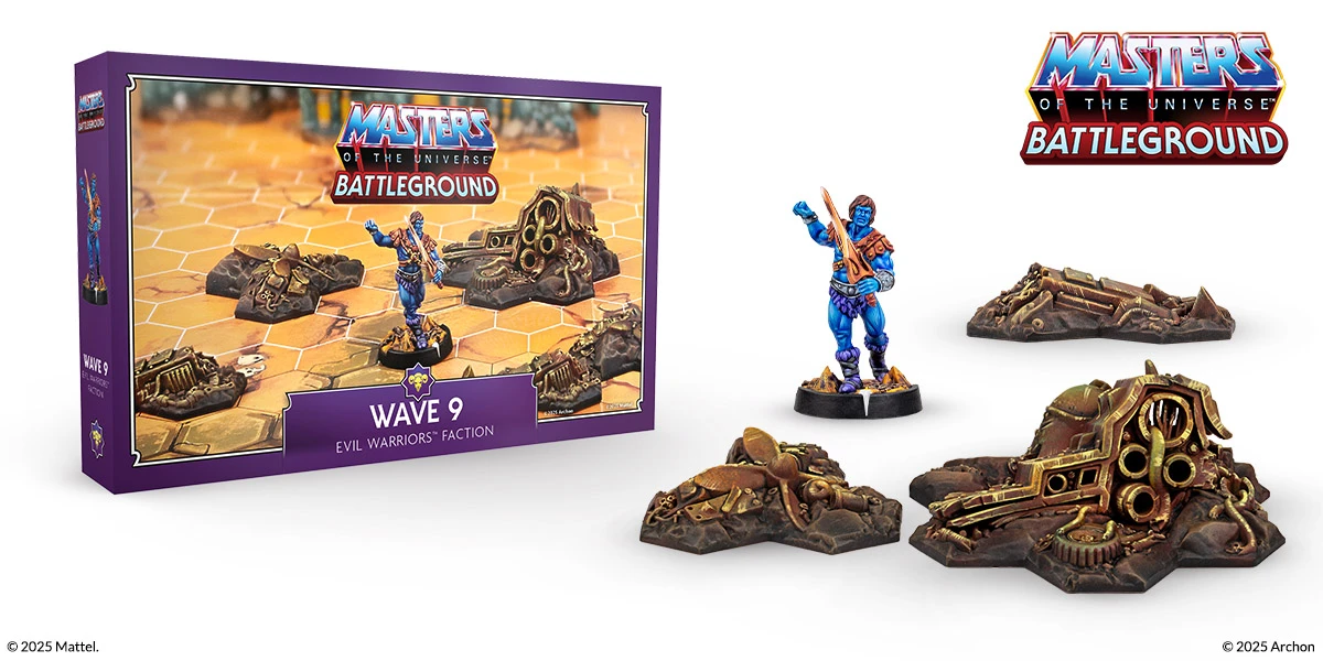 Masters of the Universe: Battleground Wave 9 Faker expansion set featuring blue-skinned villain miniature and themed terrain accessories – purple box from the Evil Warriors faction.