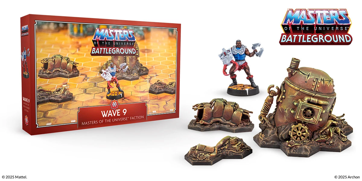 Masters of the Universe: Battleground Wave 9 Clamp Champ expansion set with painted hero miniature and 5 terrain accessories – red box from the Masters of the Universe faction.