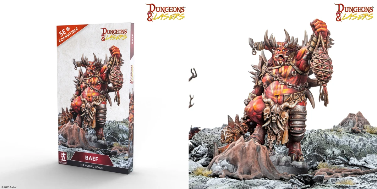 Dungeons & Lasers Baef the Horned Demon miniature – towering demon boss model with skull decorations and 5E compatible box.