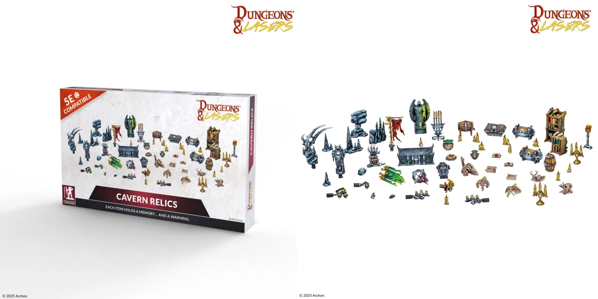 Dungeons & Lasers Cavern Relics accessory set featuring 54 colorful dungeon props including altars, torches, barrels, and chests.