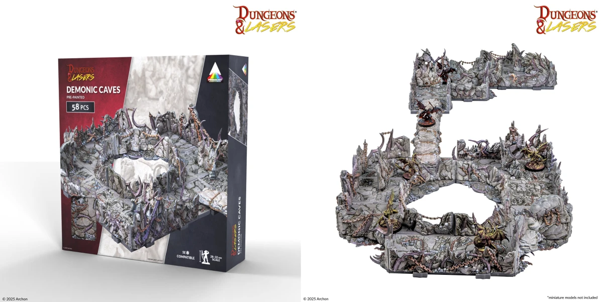 Dungeons & Lasers Demonic Caves pre-painted terrain set with 58 detailed gothic elements including spikes, rocks, and floors.