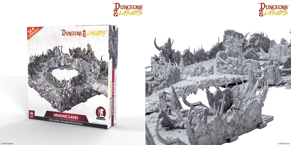 Dungeons & Lasers Demonic Caves unpainted terrain set – detailed abyss-themed modular tiles and rock formations.