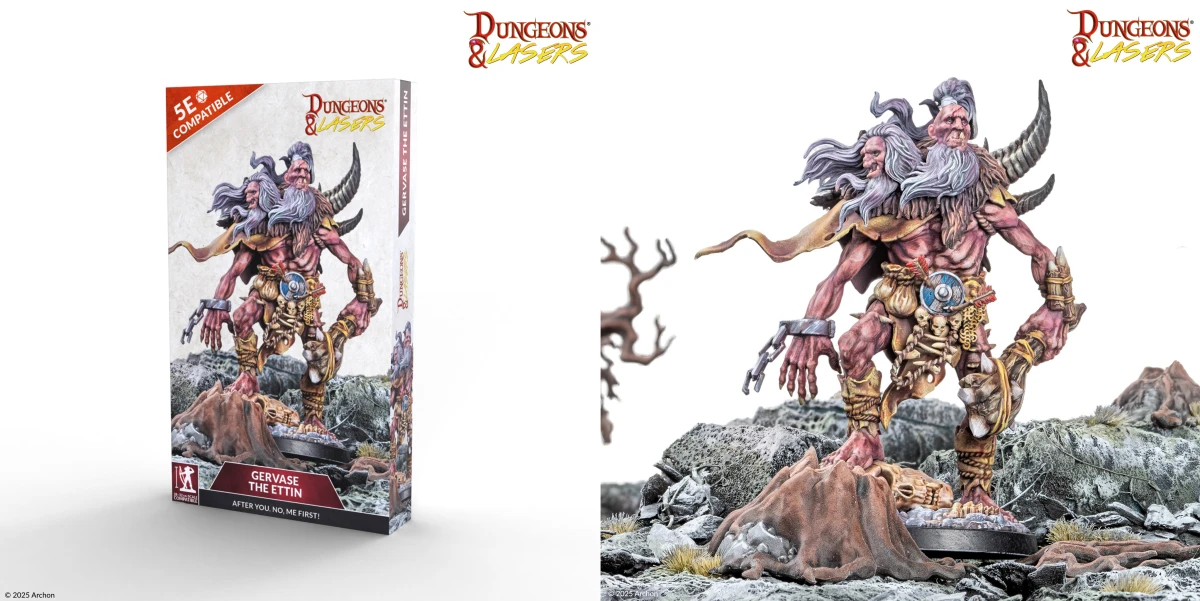 Dungeons & Lasers Gervase the Ettin miniature – dual-headed boss creature with scenic base, showcased with product box.