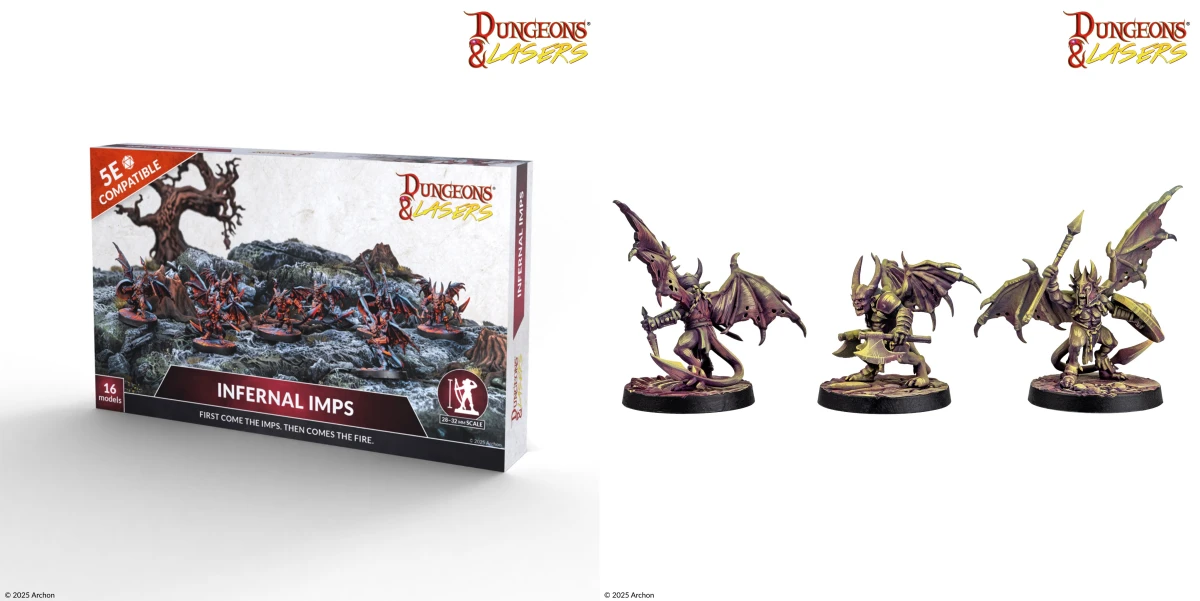 Dungeons & Lasers Infernal Imps miniature set with 16 demonic creatures in red hues on scenic bases – 5E compatible.