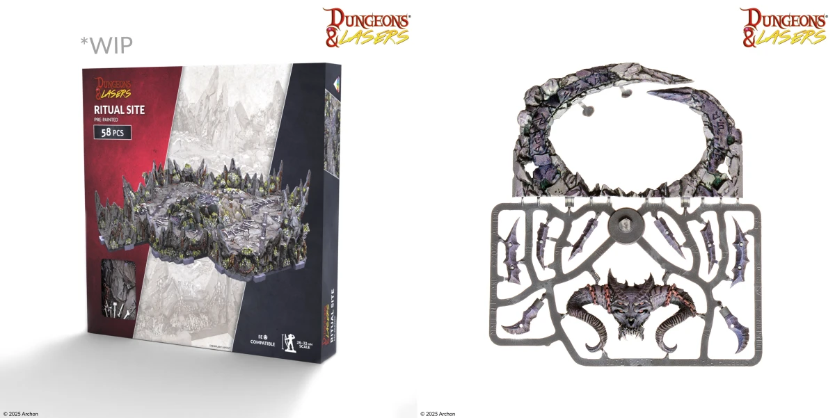 Dungeons & Lasers Ritual Site pre-painted terrain with glowing green accents, Bal’or’s gate, and rocky platform.