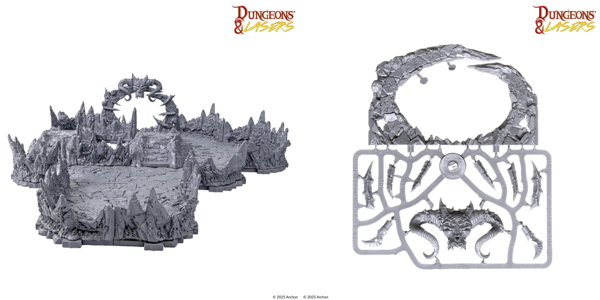 Dungeons & Lasers Ritual Site unpainted terrain set – modular platform and demonic archway sprues, ready for custom painting.