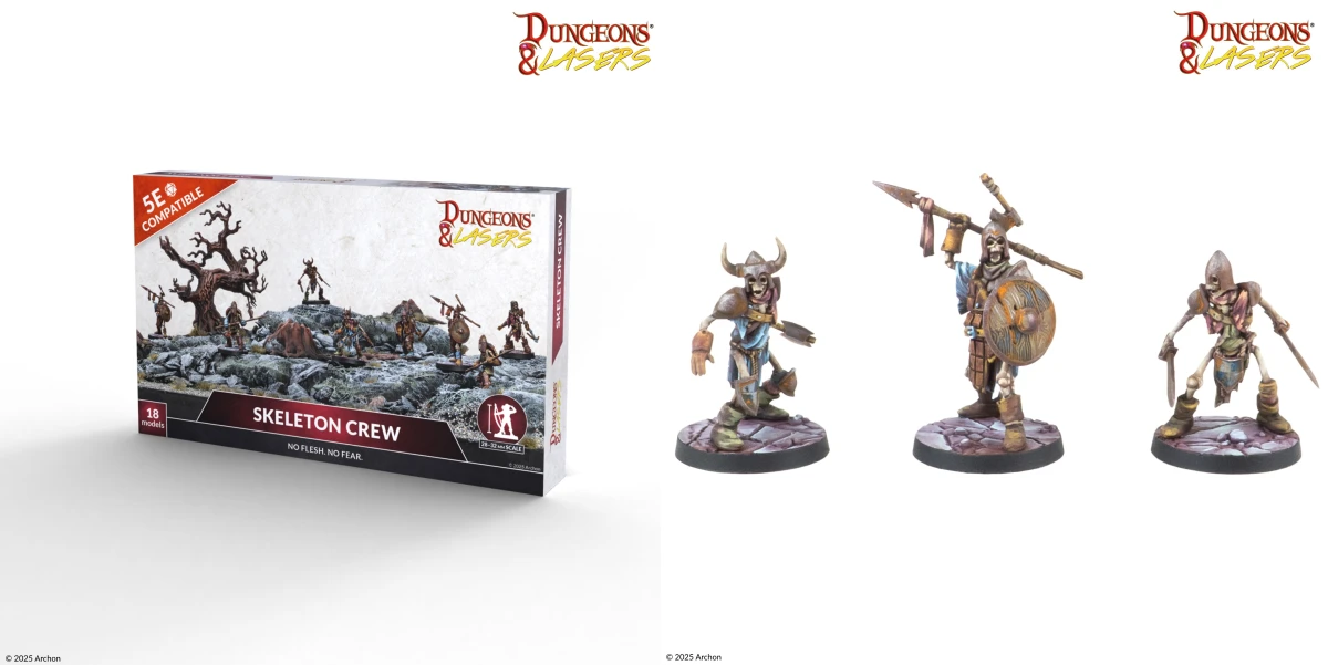Dungeons & Lasers Skeleton Crew miniatures box set with three painted skeleton warrior models on scenic bases – 5E compatible.