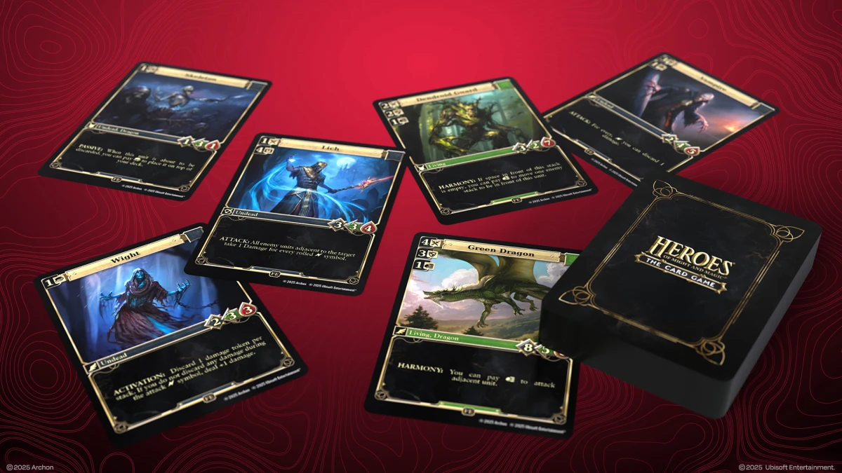 Heroes of Might and Magic: The Card Game layout with creature and spell cards, including dragons, liches, and unicorns—example of an Expandable Card Game (ECG).