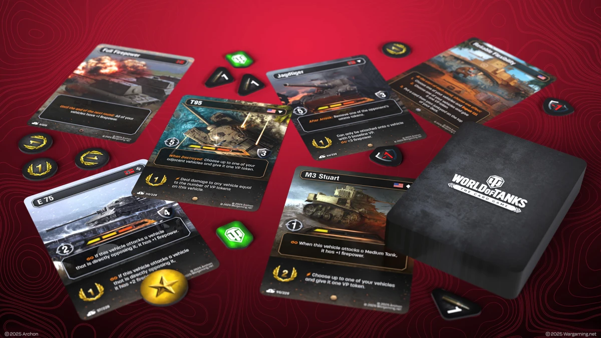 World of Tanks: The Card Game layout featuring tanks, action cards, tokens, and deck box on a red background—example of a Trading Card Game (TCG).