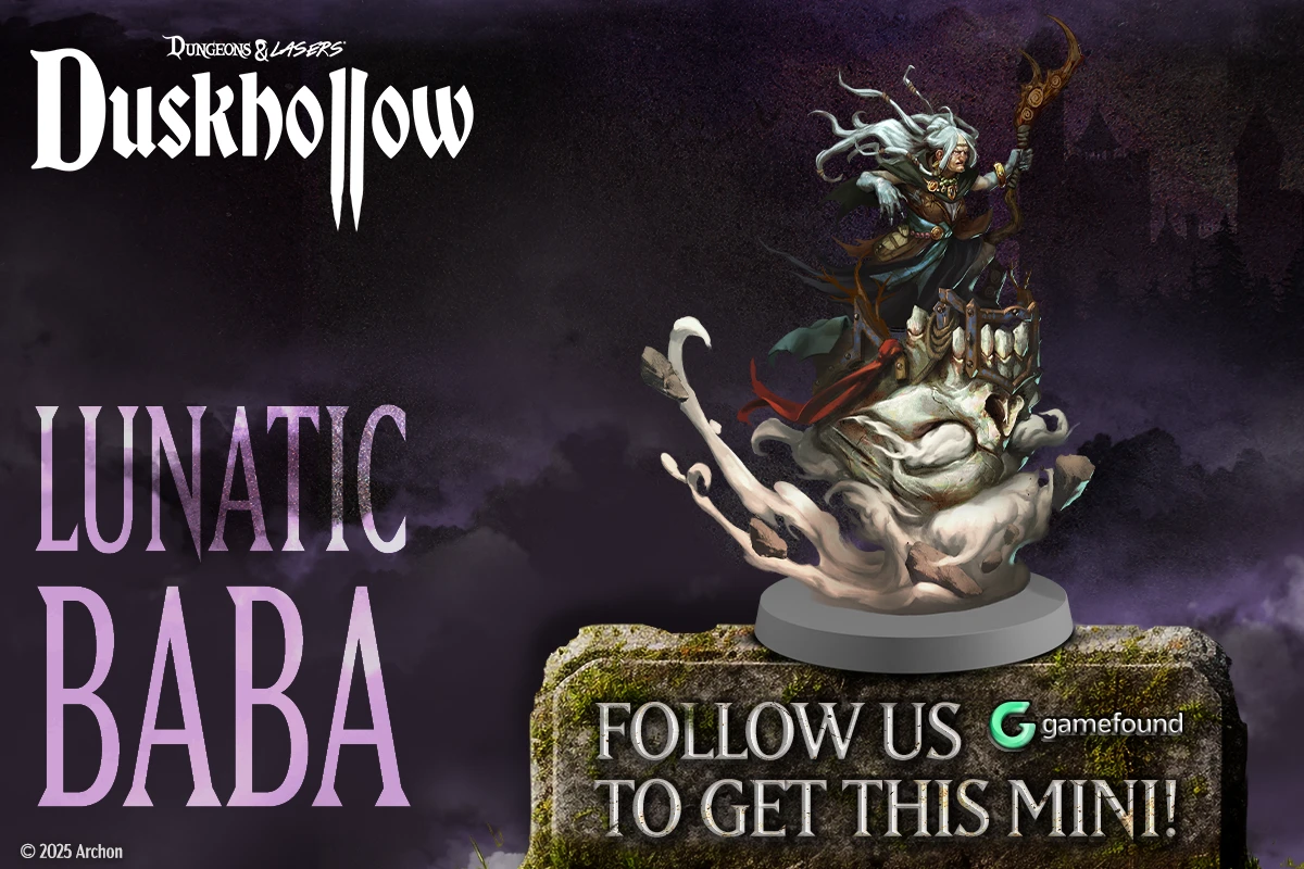 A floating, wild-haired witch rides a giant skull. Text reads: “Lunatic Baba – Follow us on Gamefound to get this mini!”