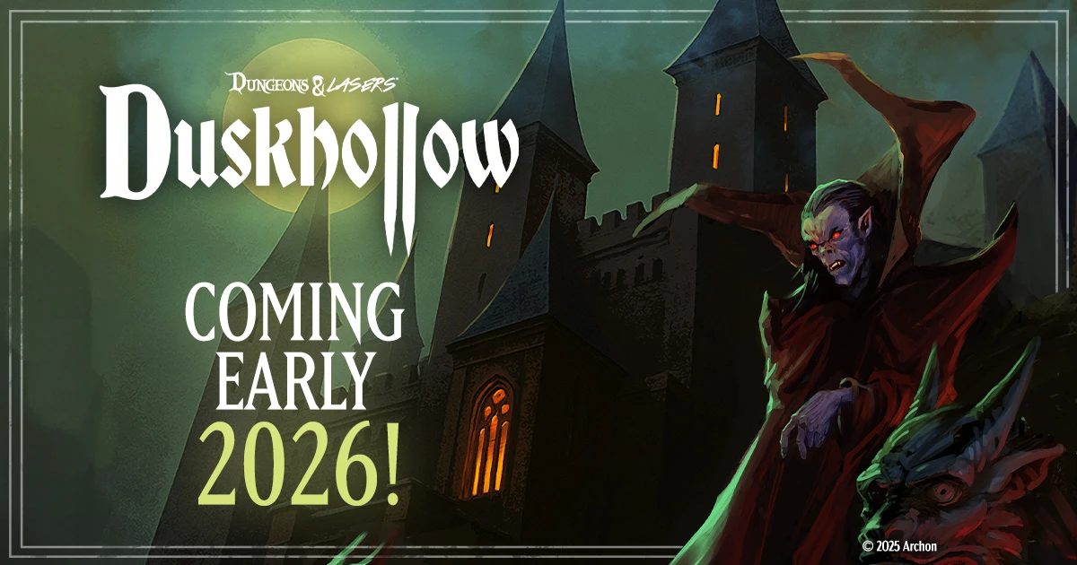 A gothic vampire with glowing red eyes stands before a towering castle. Text reads: “Duskhollow – Coming Early 2026.”