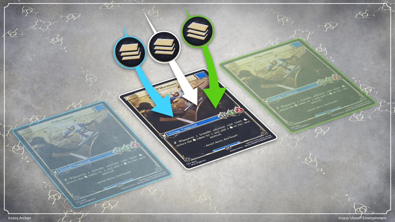 Illustration of unit stacking in the Heroes of Might and Magic The Card Game. A central Pikeman card receives stack icons from three sources, represented by arrows, showing how multiple units can merge into one stronger unit.