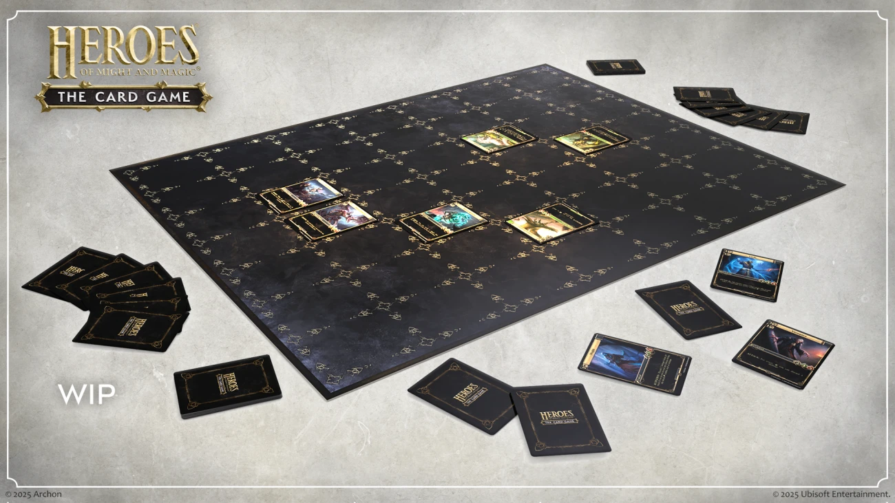 Image of the Heroes of Might and Magic: The Card Game playmat with cards placed on the battlefield. Several units and spell cards are in play, with decks and discard piles arranged around the mat.