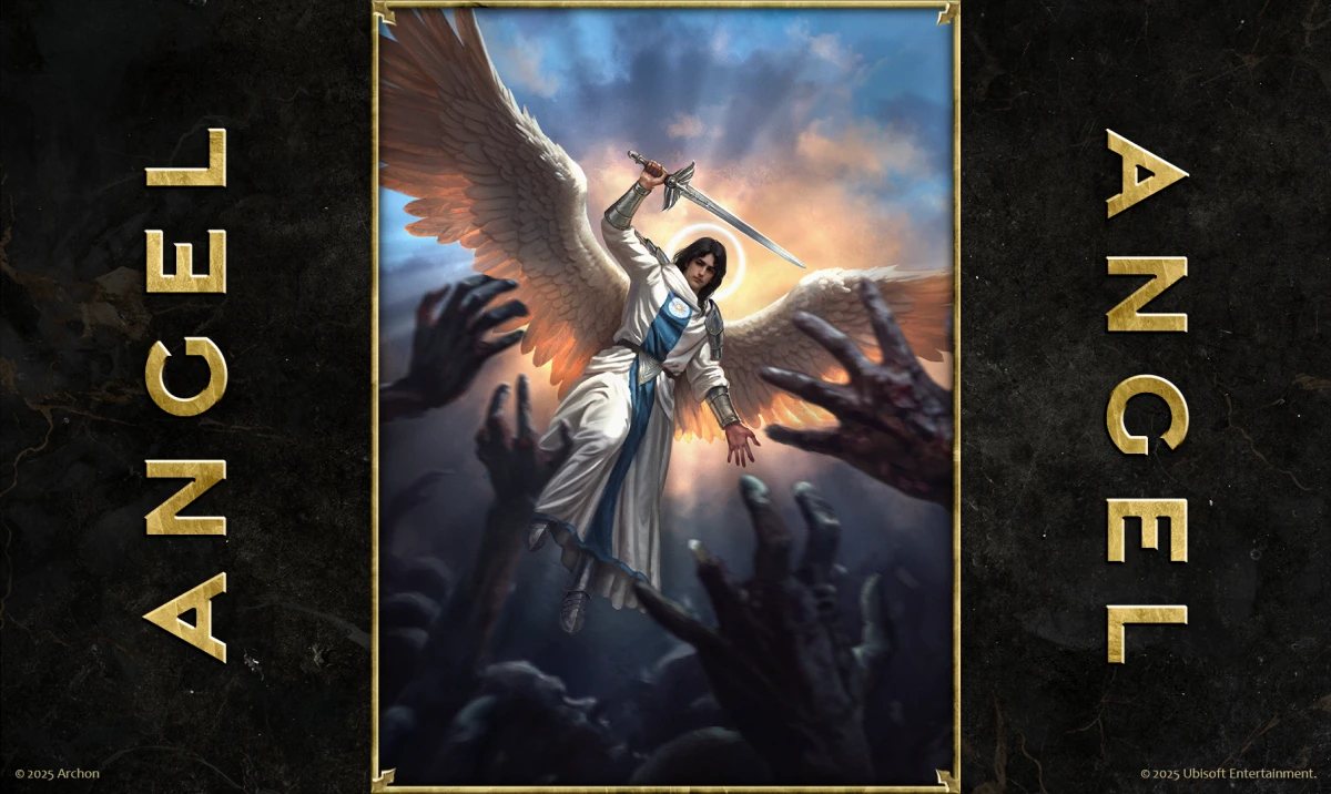 Angel card art from Heroes of Might and Magic: The Card Game – celestial warrior descends with a sword among undead hands.