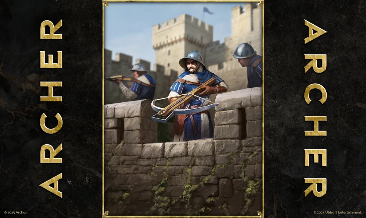 Archer card art from Heroes of Might and Magic: The Card Game – crossbowmen defend a castle wall during a siege.