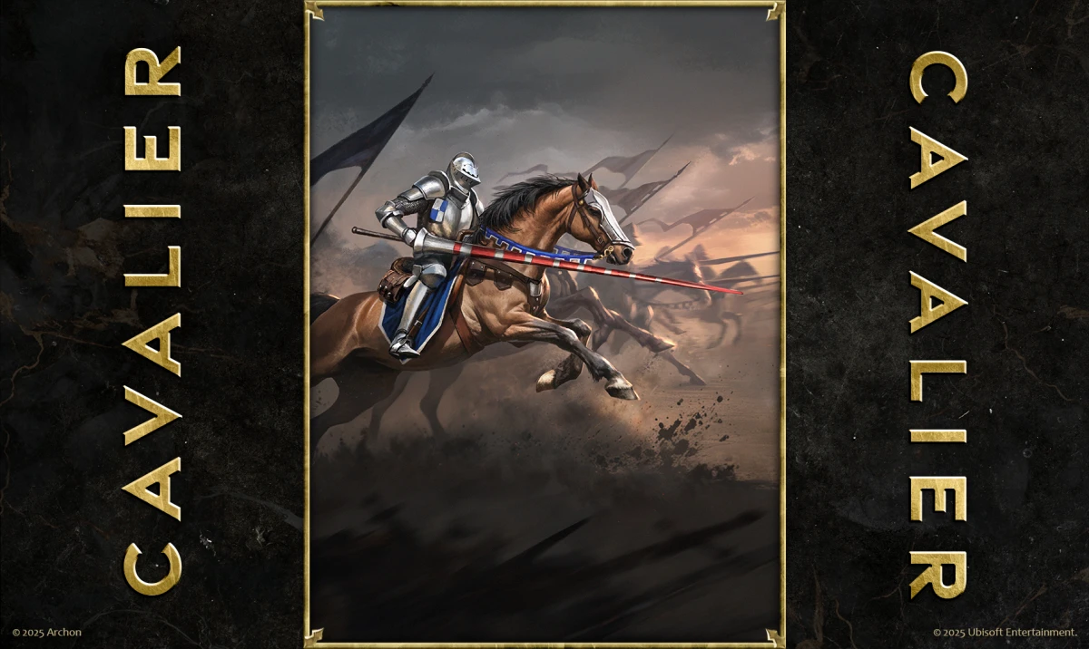 Cavalier card art from Heroes of Might and Magic: The Card Game – mounted knight charges into battle with a lance.