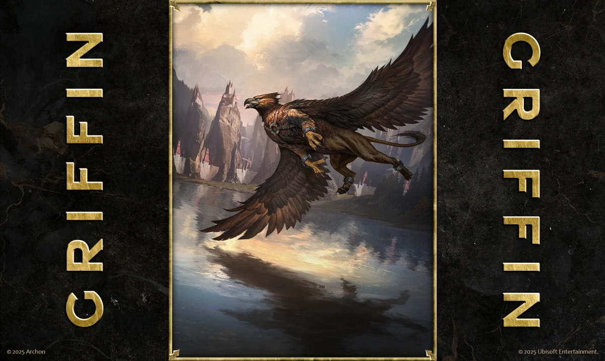 Griffin card art from Heroes of Might and Magic: The Card Game – majestic winged beast soars over a lake near mountain peaks.