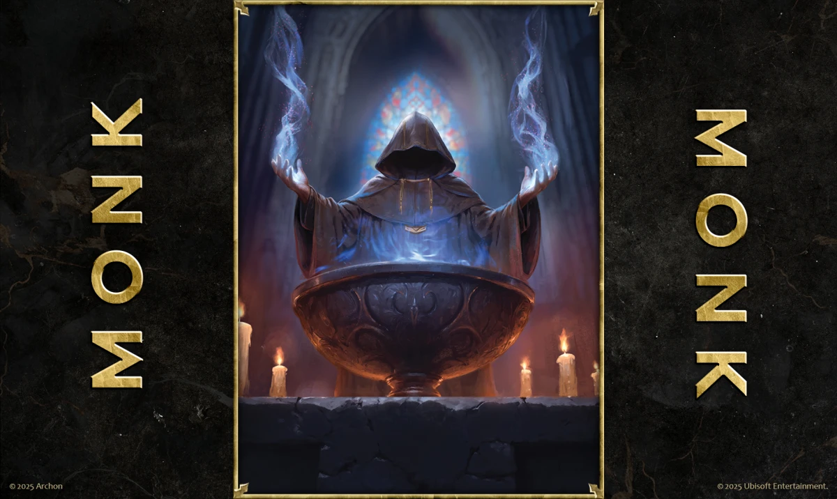 Monk card art from Heroes of Might and Magic: The Card Game – hooded figure channels mystical energy in a cathedral.