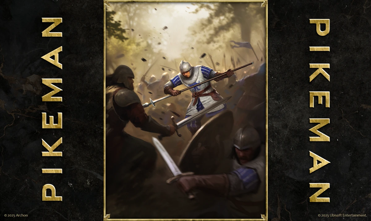 Pikeman card art from Heroes of Might and Magic: The Card Game – armored infantryman battles enemies in a medieval forest skirmish.