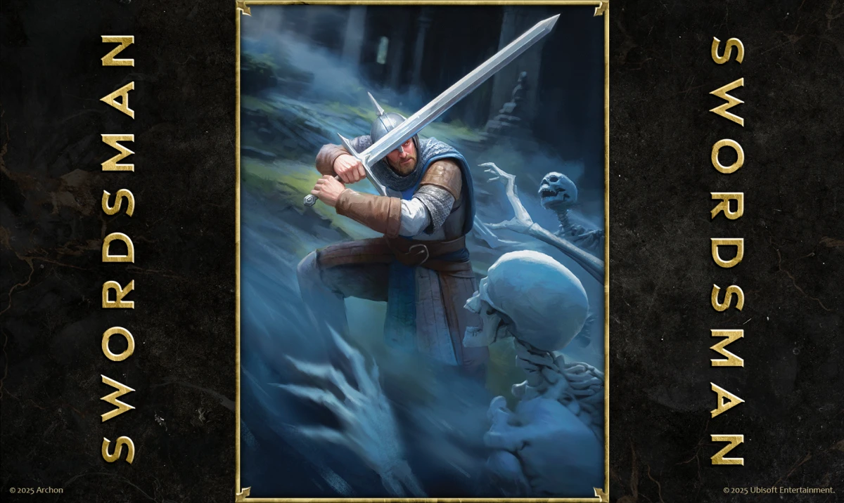 Swordsman card art from Heroes of Might and Magic: The Card Game – warrior defends against undead skeletons in a dark forest.