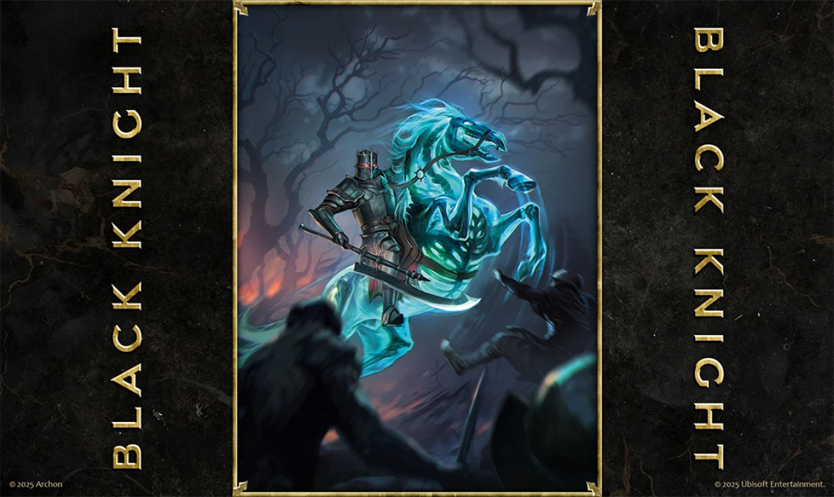 Card art of the Black Knight from Heroes of Might and Magic: The Card Game, riding a ghostly steed into battle.