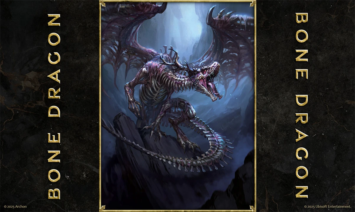 Card art of a terrifying Bone Dragon from Heroes of Might and Magic: The Card Game, roaring atop rocky cliffs.