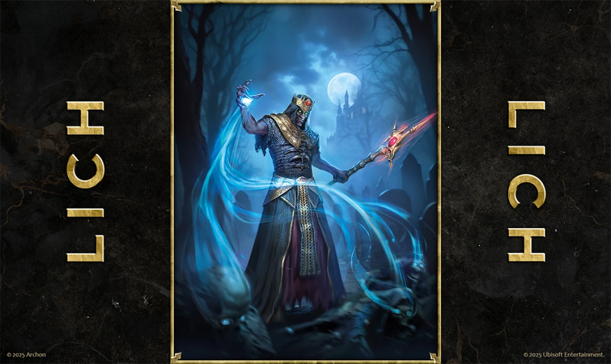 Card art of a powerful Lich from Heroes of Might and Magic: The Card Game, casting magic with a glowing staff.