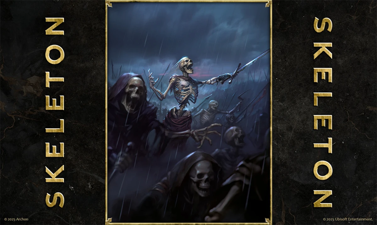 Card art of Skeleton warriors from Heroes of Might and Magic: The Card Game, marching with swords in the rain.