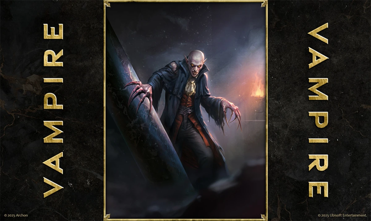 Card art of a Vampire from Heroes of Might and Magic: The Card Game, with glowing eyes and sharp claws in the night.