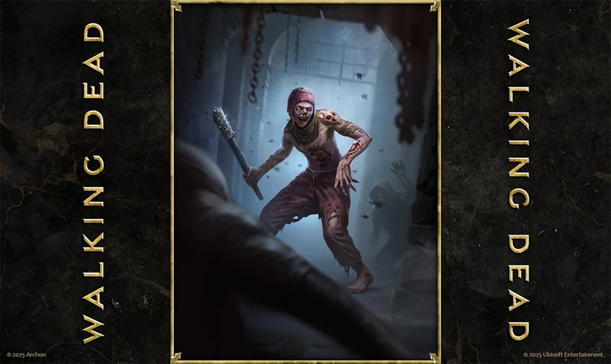 Card art of a decaying Walking Dead from Heroes of Might and Magic: The Card Game, wielding a spiked club in a dungeon.