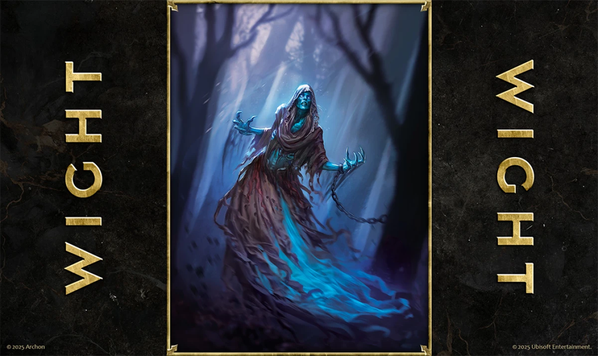 Card art of a ghostly Wight from Heroes of Might and Magic: The Card Game, glowing blue in a haunted forest.