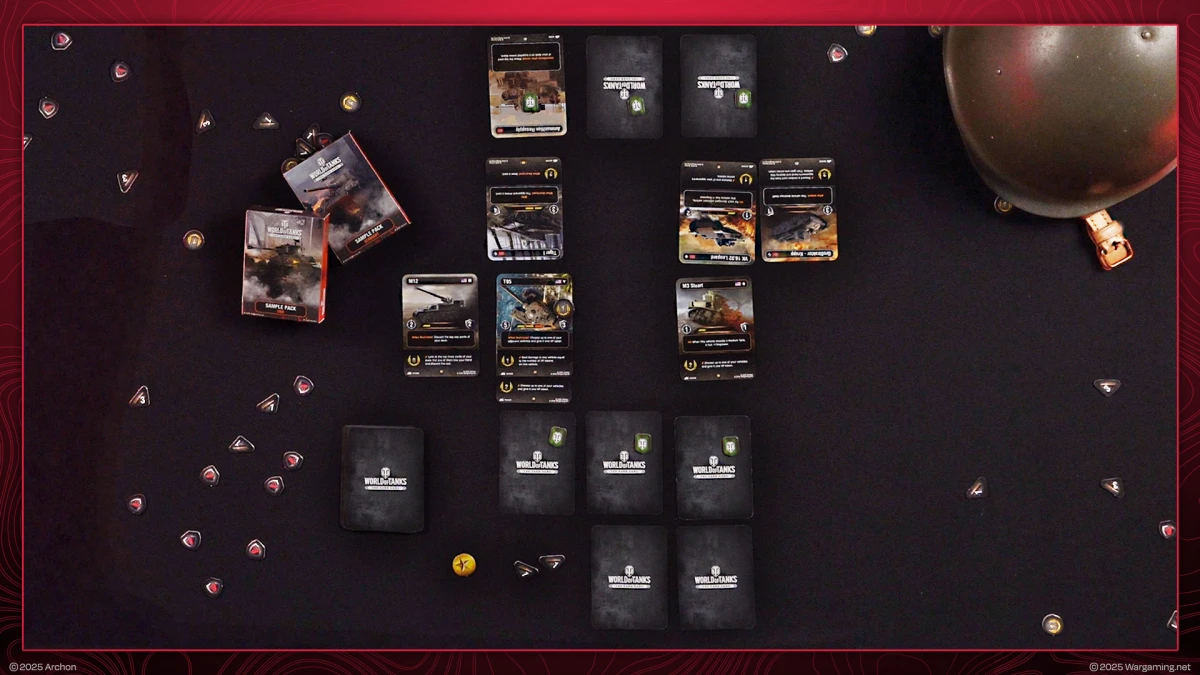 Graphic showcasing the late game state of World of Tanks: The Card Game playthrough with multiple cards, bases, and tokens on the playfield.