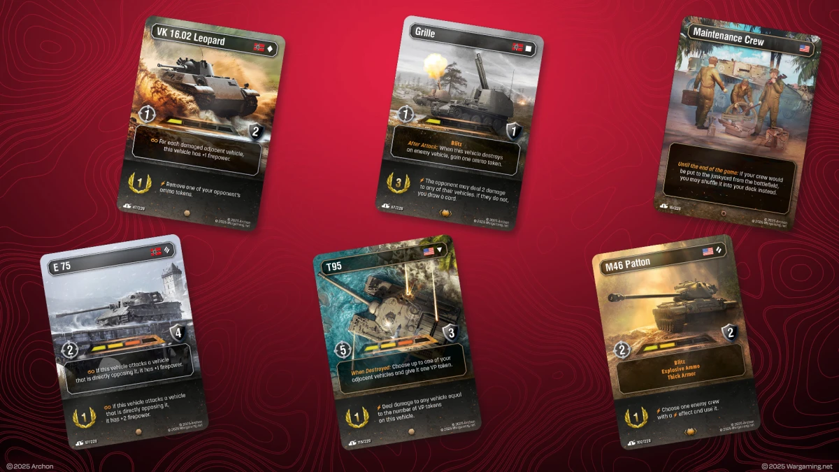 Graphic showcasing five cards with all vehicle types available in World of Tanks: The Card Game - heavy tank, medium tank, light tank, SPG and tank destroyer