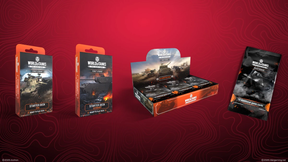 A graphic showcasing all available options to purchase in World of Tanks: The Card Game - USA Starter Deck, Germany Starter Deck, a booster packs and a display box consisting of 24 booster packs.