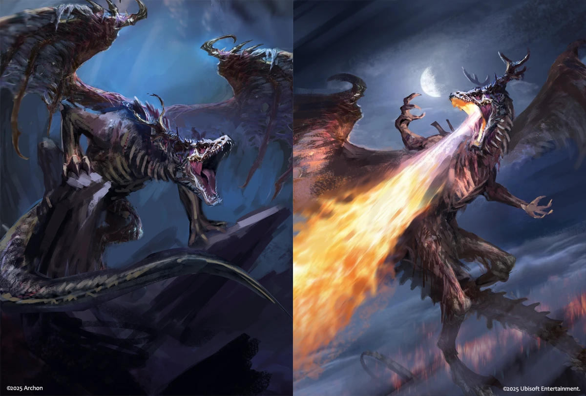 Concept art of the Bone Dragon from Necropolis for Heroes of Might and Magic: The Card Game, including early designs and fire-breathing action.