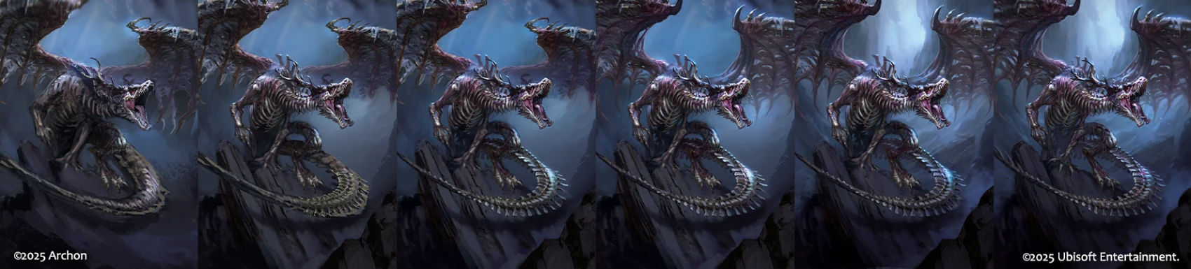 Step-by-step concept art progression of the Bone Dragon from Necropolis for Heroes of Might and Magic: The Card Game, showing stages from early sketch to the finished terrifying dragon.