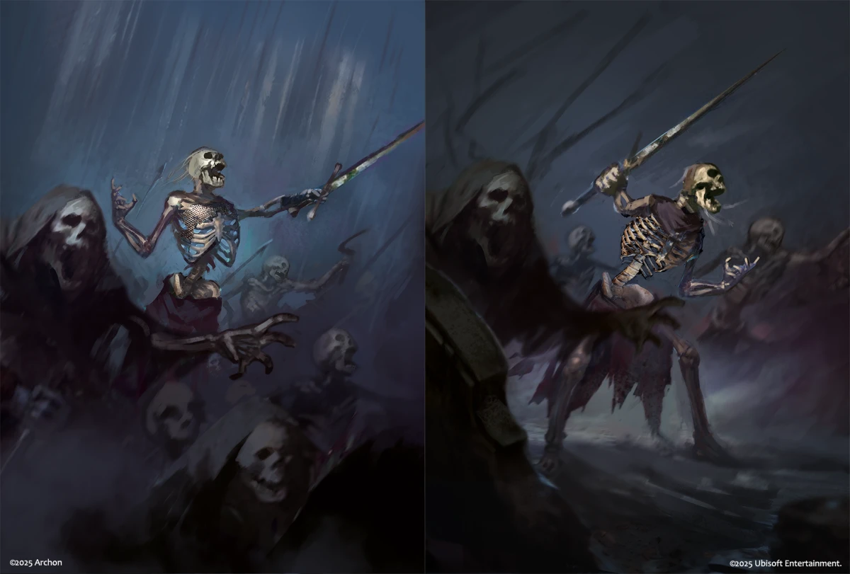Concept art of the Skeleton unit for Heroes of Might and Magic: The Card Game, depicting undead warriors wielding swords in battle.