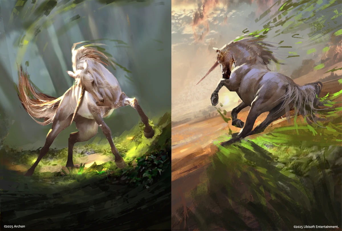 Concept art of the Unicorn unit for Heroes of Might and Magic: The Card Game, featuring dynamic poses and magical energy.
