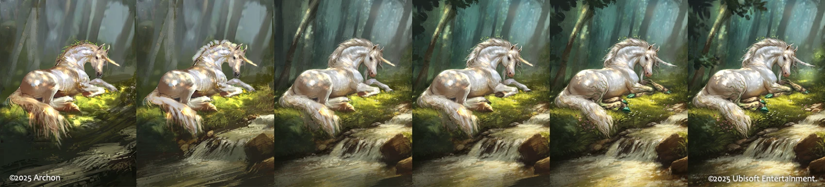 Step-by-step concept art progression of the Unicorn for Heroes of Might and Magic: The Card Game, showing the illustration process from rough draft to detailed final artwork.