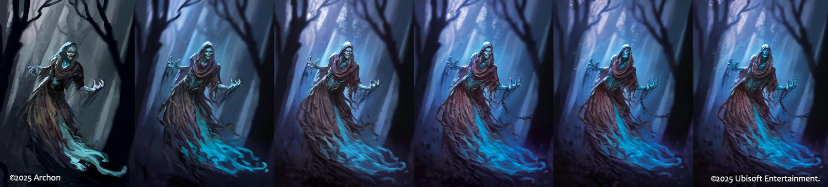 Step-by-step concept art progression of the Wight for Heroes of Might and Magic: The Card Game, illustrating the development from sketch to finished ghostly figure.