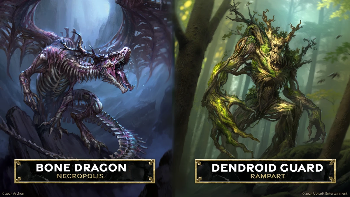 Artwork from Heroes of Might and Magic: The Card Game showing a Bone Dragon from Necropolis and a Dendroid Guard from Rampart.