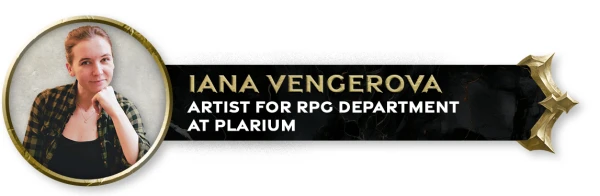 Portrait of Iana Vengerova, RPG Department Artist at Plarium, with a fantasy-themed frame and title badge.