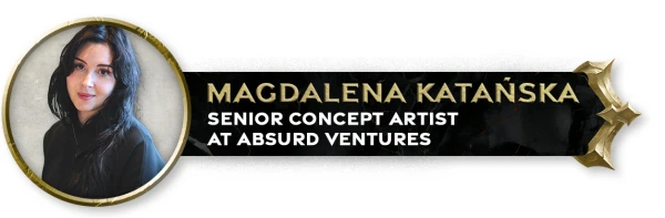 Portrait of Magdalena Katańska, Senior Concept Artist at Absurd Ventures, with a fantasy-themed frame and title badge.