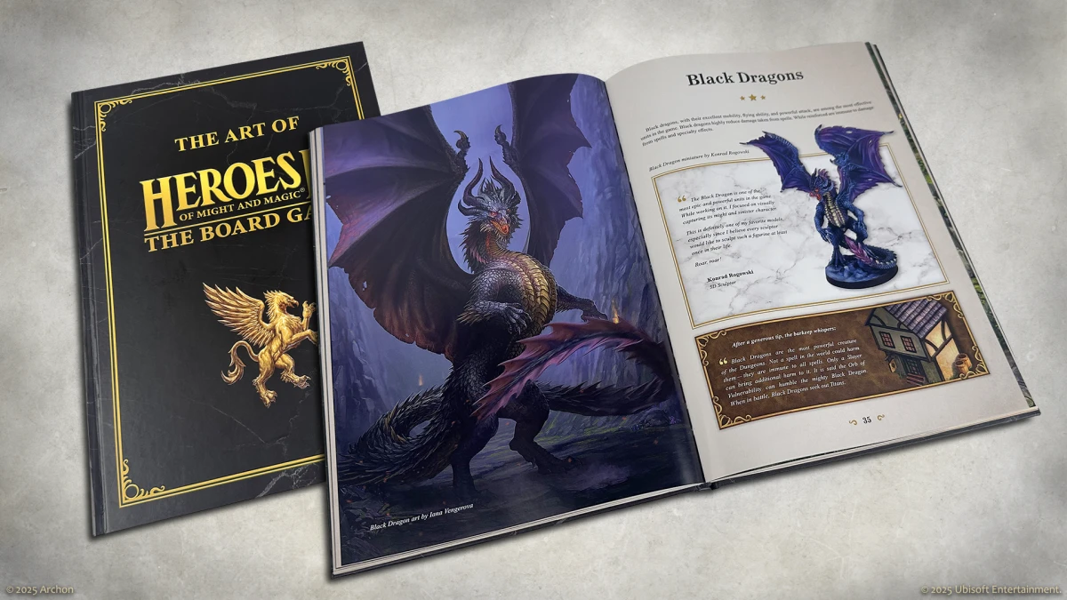 Open artbook showing black dragon illustration and lore from Heroes of Might & Magic III: The Board Game