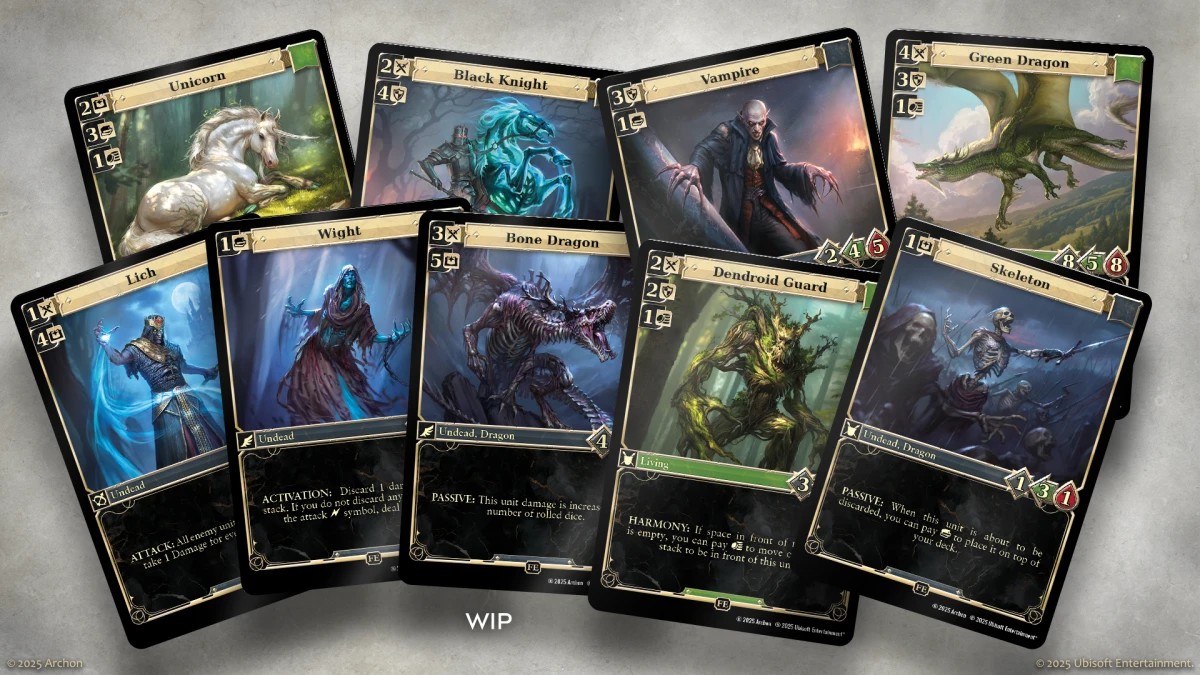 Card spread from Heroes of Might & Magic: The Card Game featuring units like Lich, Unicorn, and Skeleton